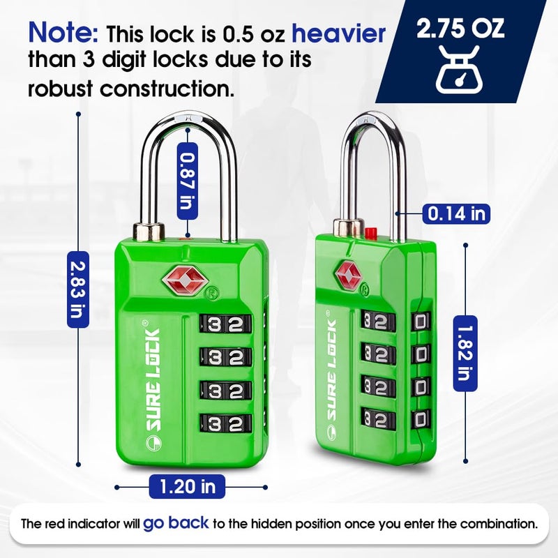 SURE LOCK TSA Approved 4-Digit Resettable Combination Luggage Lock with Open Alert, Easy-Read Dials - for Luggage, School Lockers, Gym, Office, Toolbox & Security Cases(Green 1 Pack) - Image 4